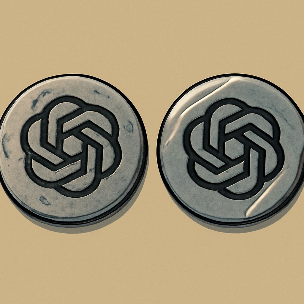 Two identical round metal badges shot from above, same knotted emblem stamped on both. The left badge is scratched and smudged with fingerprints. The right badge sits sealed under taut factory plastic wrap with a crease catching the light.